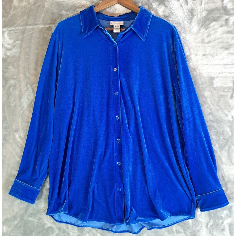 Soft Surroundings Blue Velvet Collared Button Top Women's Plus Size 1X 56031